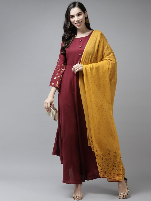 Maroon & Mustard Maxi Dress & Dupatta-Indiakreations-JS9479DRSMRS