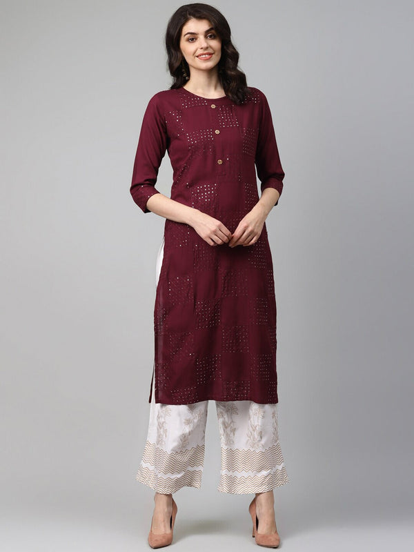 Maroon Straight Kurta Set-Indiakreations-JS5136SETMRS