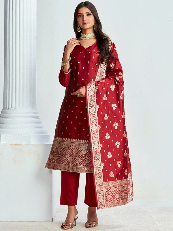 Women's Maroon Jacquard Woven Kurta Pant Set With Dupatta - Malishka Export