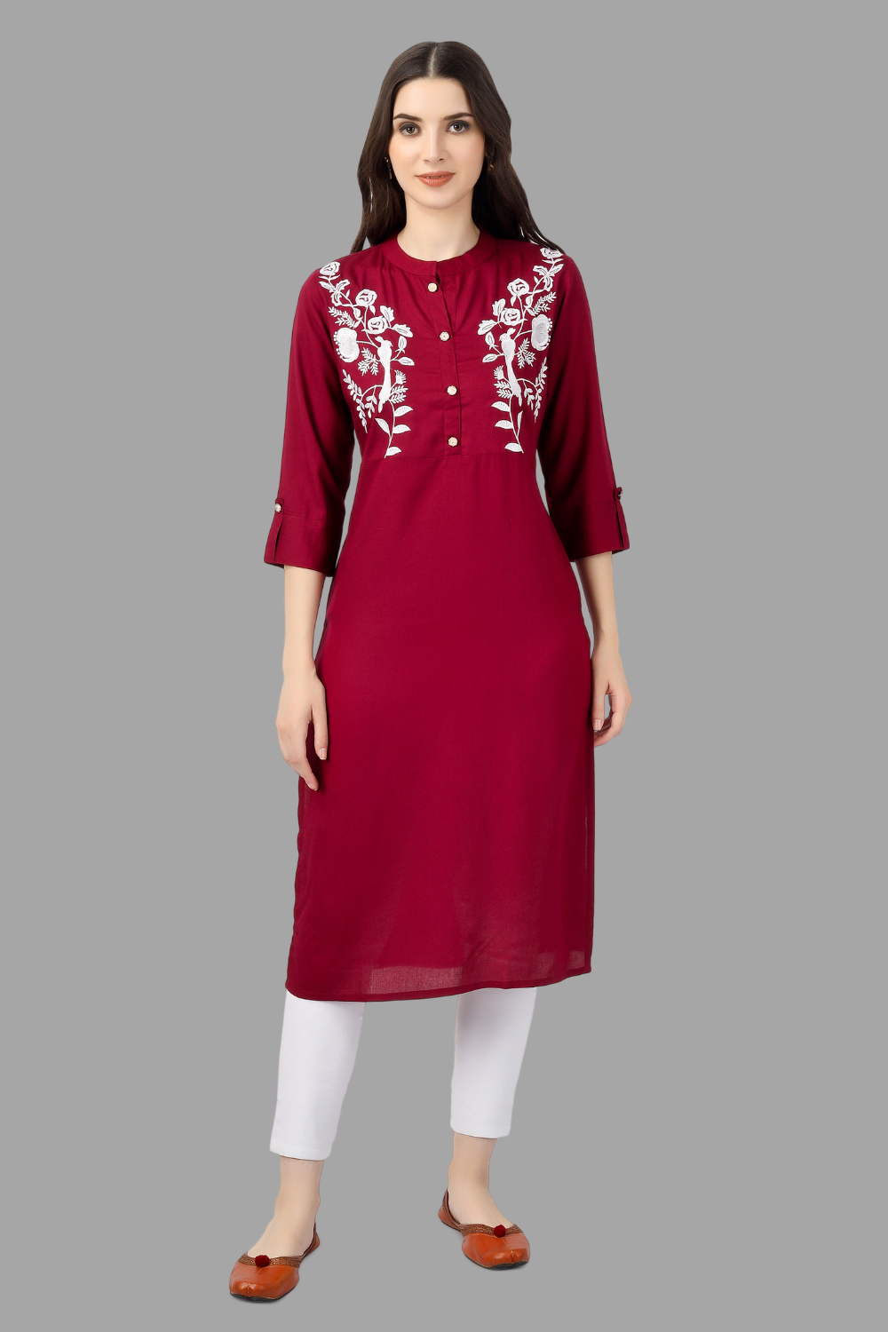 Women's Maroon Rayon Chicken Embroidered Straight Kurta - House Of Rp