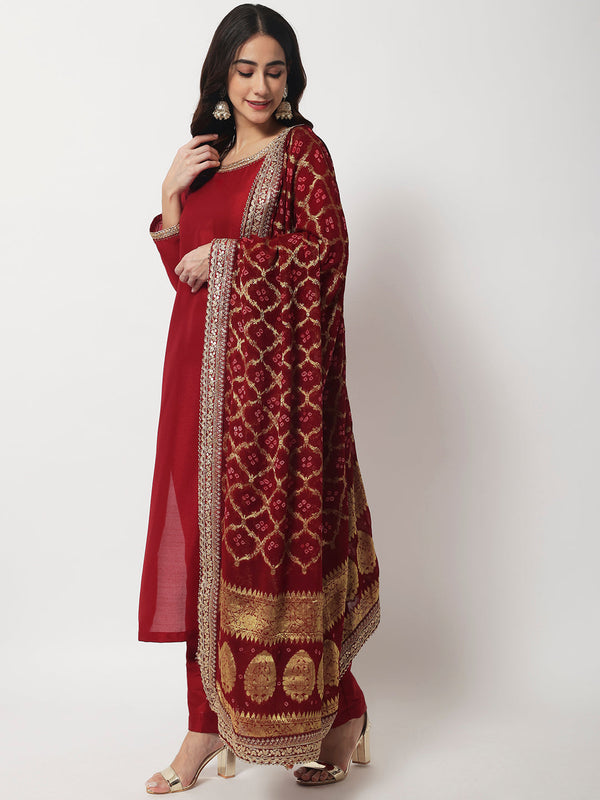 Women's Maroon Grace Straight Kurti With Straight Pants And Banarasi Bandhej Dupatta - Anokherang