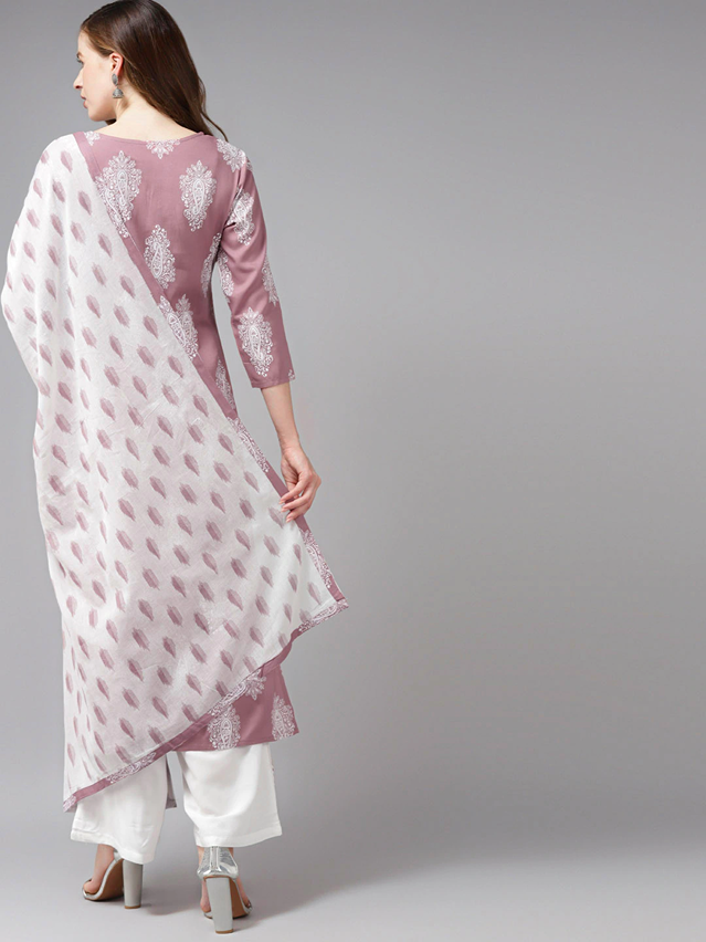 Mauve & Offwhite Printed Dupatta Set-Indiakreations-JS7298SETPRXS