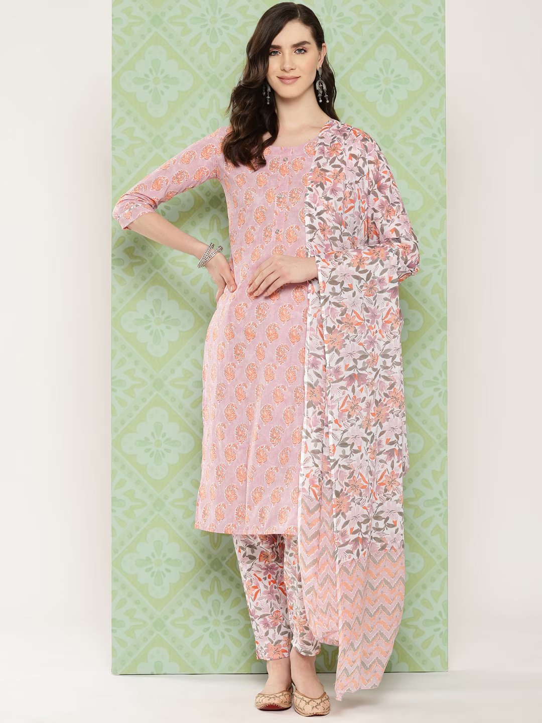 Mauve Paisley Printed Cotton Kurta with Trousers & With Dupatta Set-Indiakreations-JS1474SKDPRS