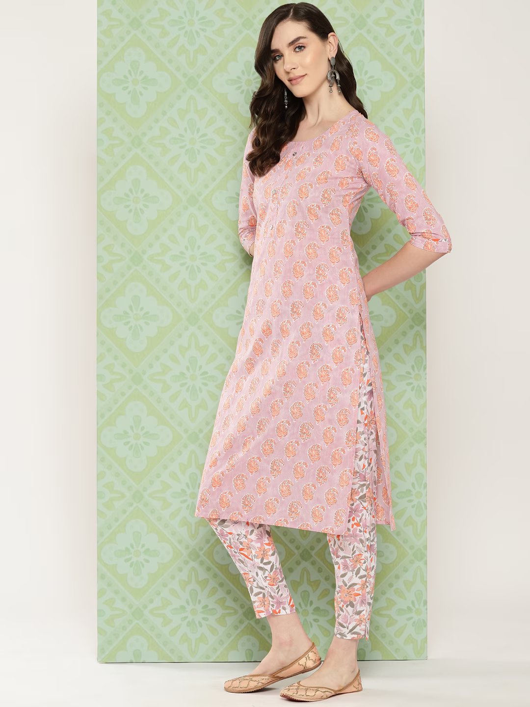 Mauve Paisley Printed Cotton Kurta with Trousers & With Dupatta Set-Indiakreations-JS1474SKDPRS