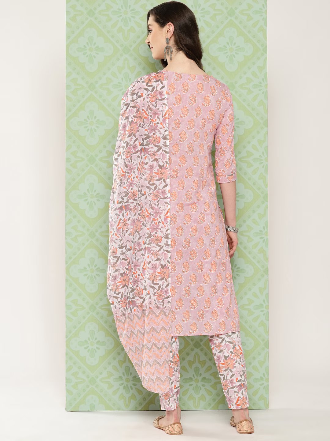 Mauve Paisley Printed Cotton Kurta with Trousers & With Dupatta Set-Indiakreations-JS1474SKDPRS