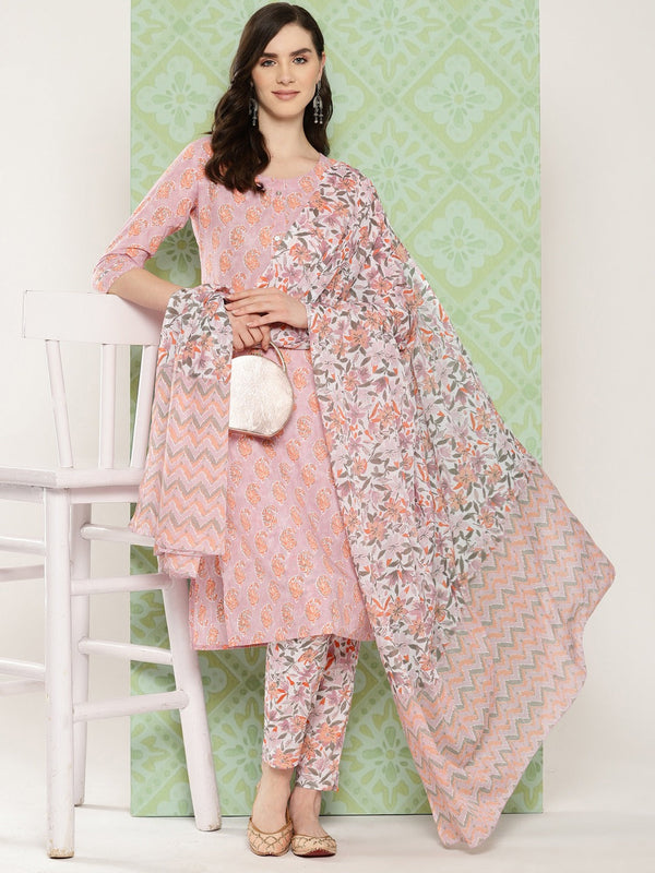 Mauve Paisley Printed Cotton Kurta with Trousers & With Dupatta Set-Indiakreations-JS1474SKDPRS