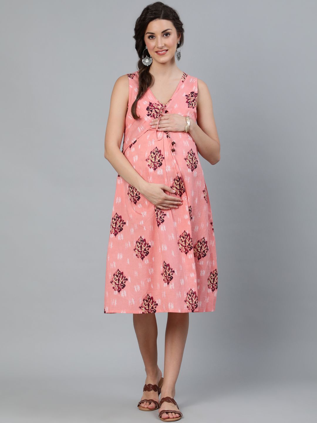 Women's Peach Printed Maternity Sleevless Dress - AKS