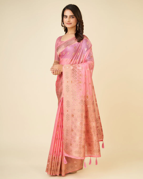 Women's Woven Saree With Blouse Set-Pink - Sweet Smile