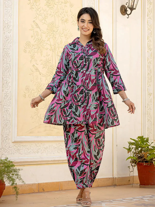 Multi Leaf Print Cotton Co-Ord Set-Indiakreations-JS1953CRDMTS