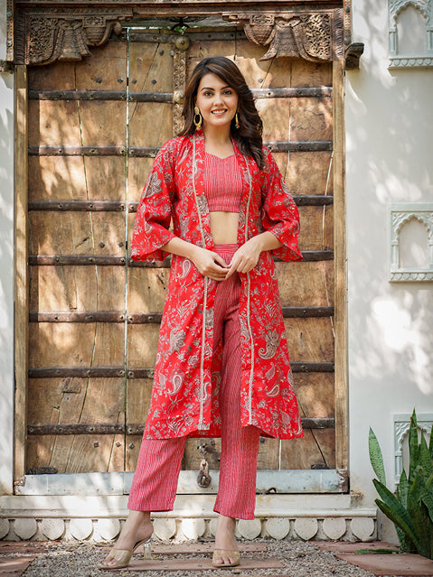 Muslin Red Co-ord Set With Crop Top And Pant-Indiakreations-JS1600CRDRDS