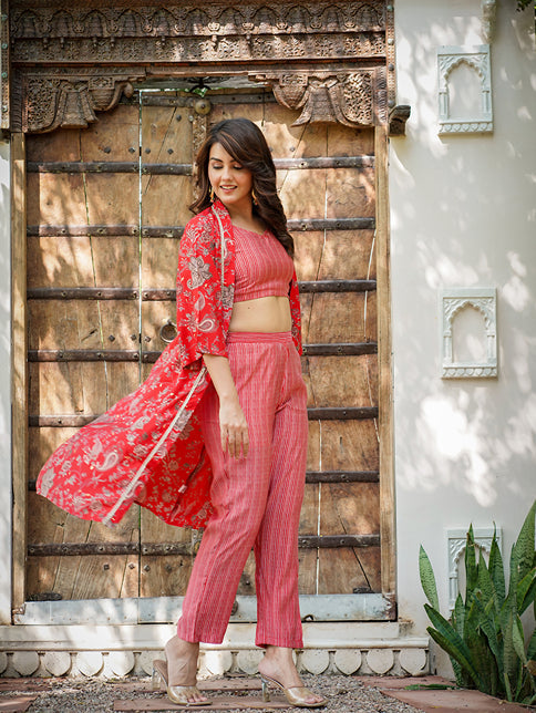 Muslin Red Co-ord Set With Crop Top And Pant-Indiakreations-JS1600CRDRDS