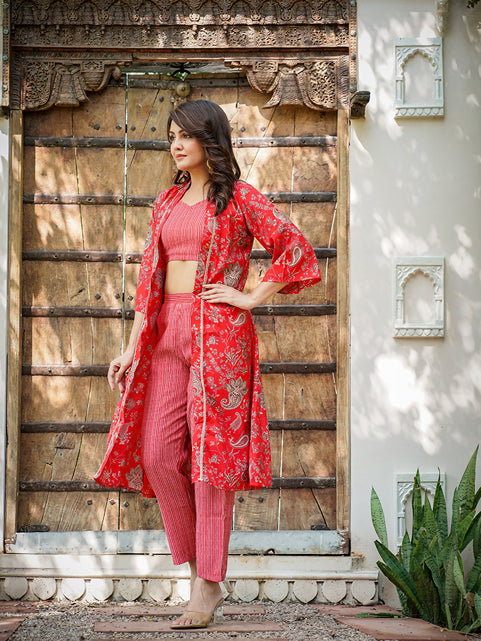 Muslin Red Co-ord Set With Crop Top And Pant-Indiakreations-JS1600CRDRDS