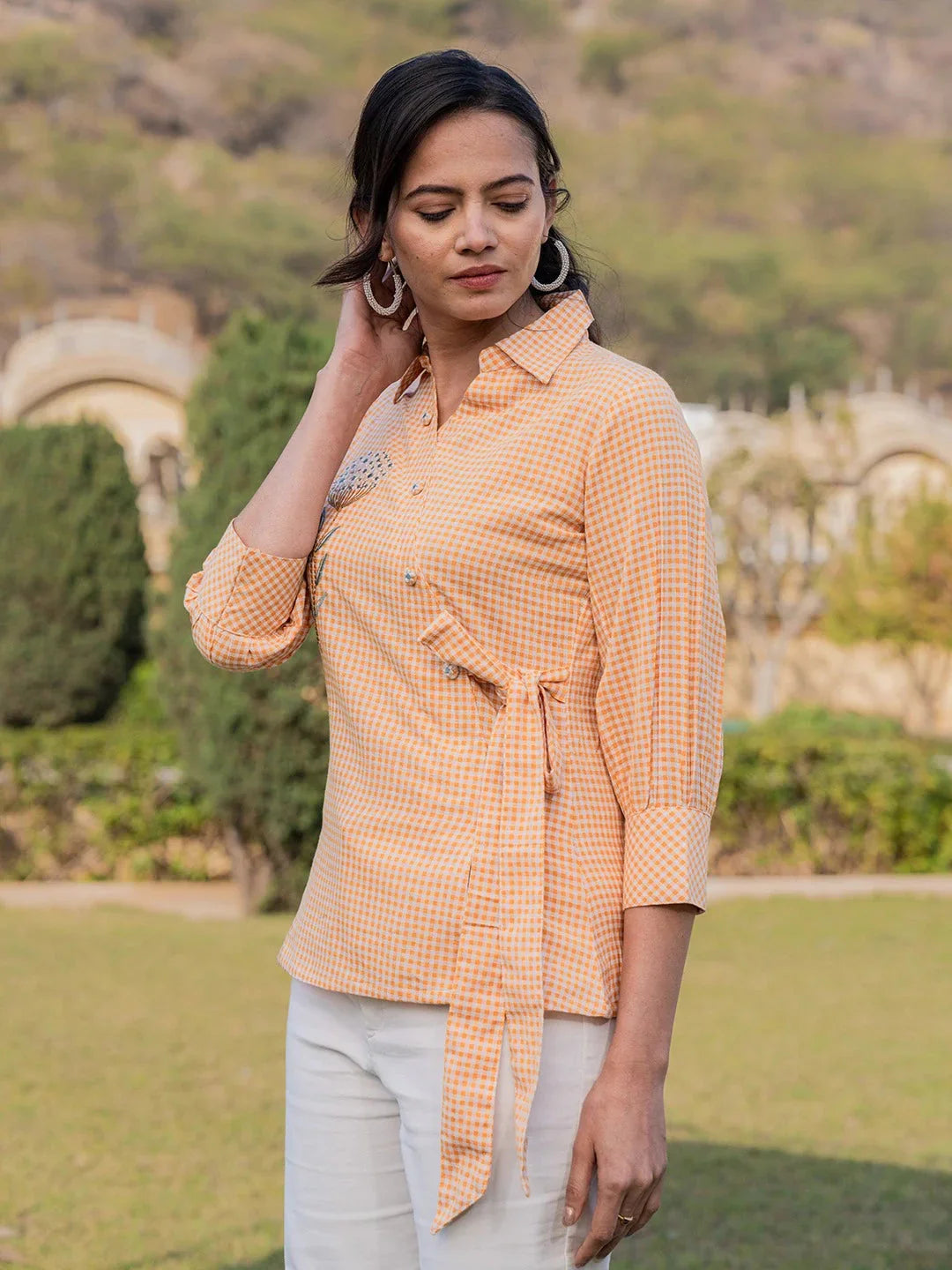 Mustard Cotton Checks Print Top With Embroidery-Indiakreations-JS1503TOPMSS