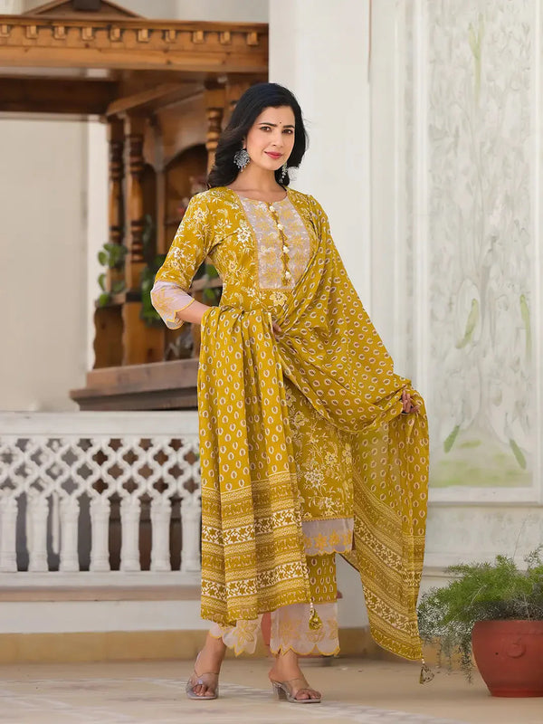 Mustard Floral Print Pakistani Style Kurta Trouser And Dupatta Set-Indiakreations-JS6891SKDMSM