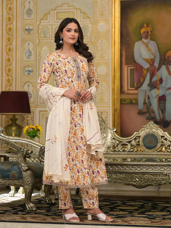 Mustard Leaf Print Zari Work Anarkali Kurta Trouser With Dupatta Set-Indiakreations-JS6920SKDMSS