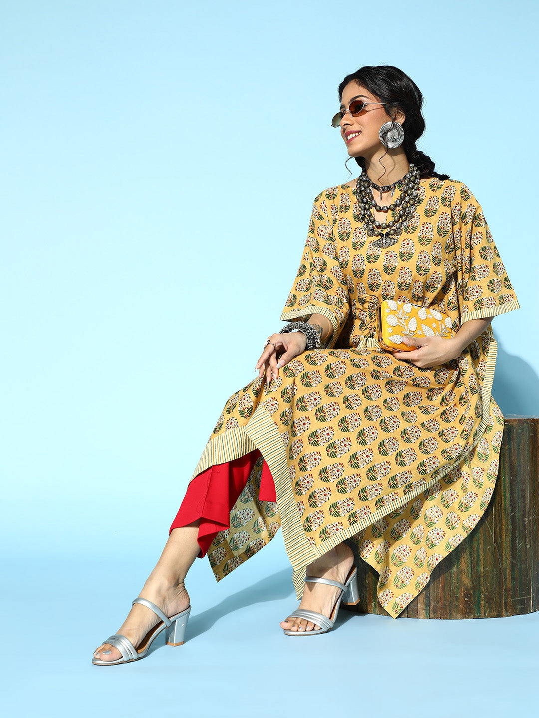 Mustard Printed Kaftan Kurta-Indiakreations-JS9538KFTMSS