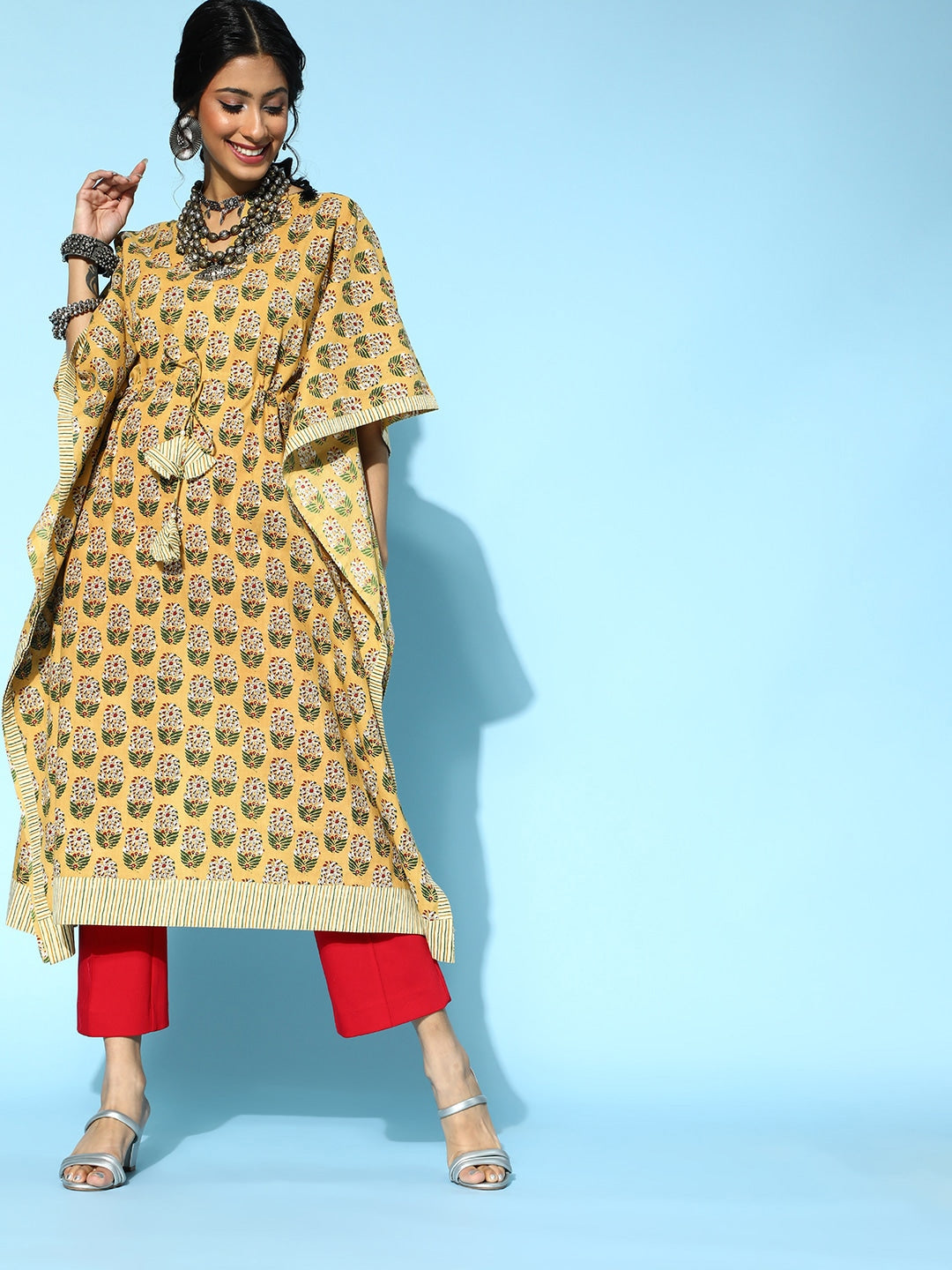 Mustard Printed Kaftan Kurta-Indiakreations-JS9538KFTMSS