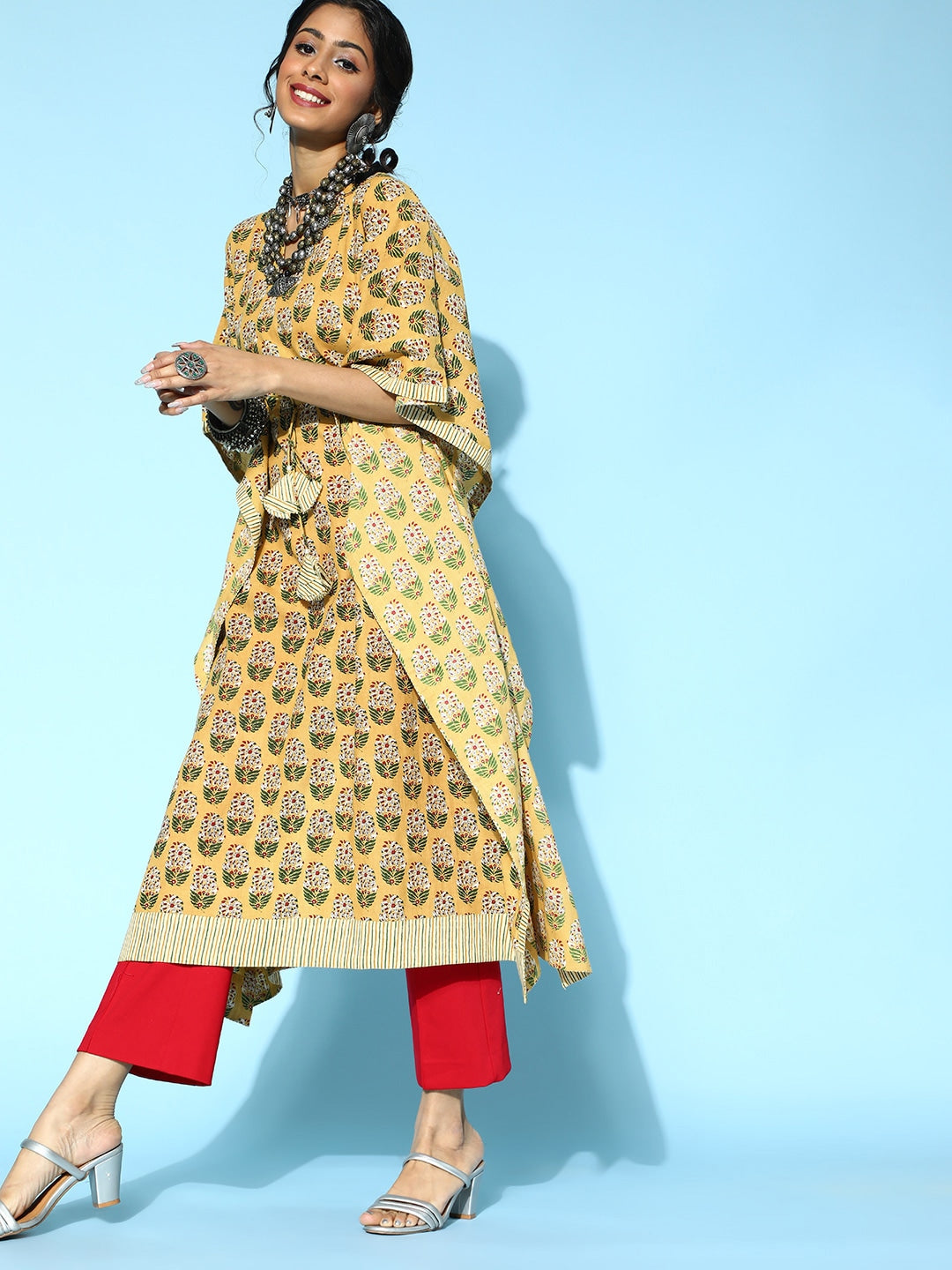 Mustard Printed Kaftan Kurta-Indiakreations-JS9538KFTMSS