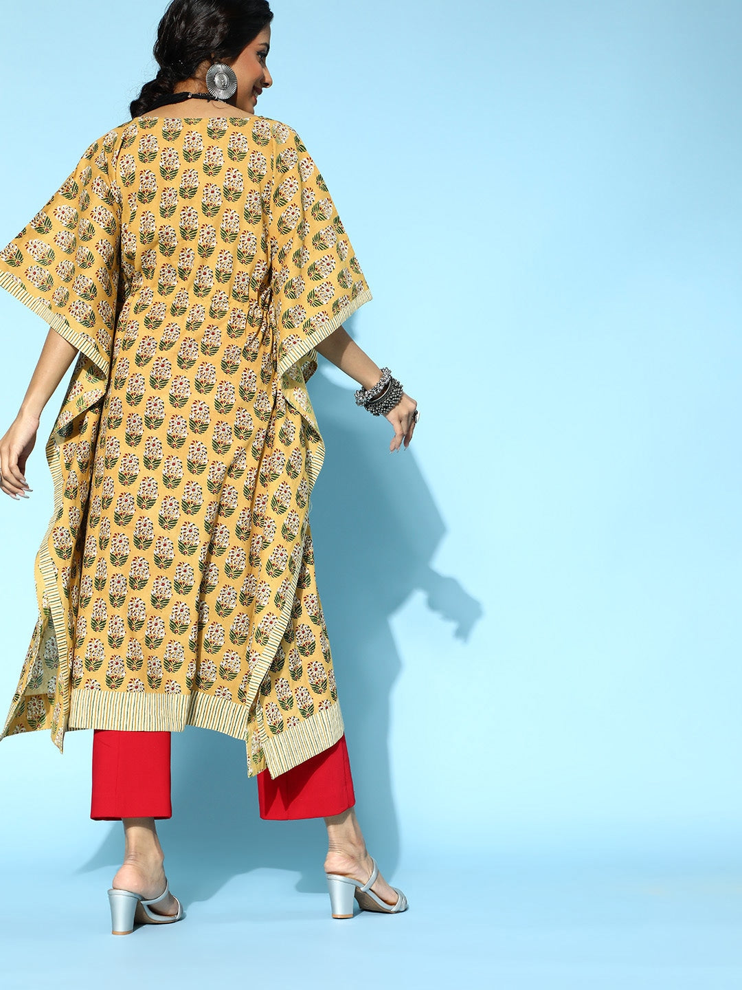 Mustard Printed Kaftan Kurta-Indiakreations-JS9538KFTMSS