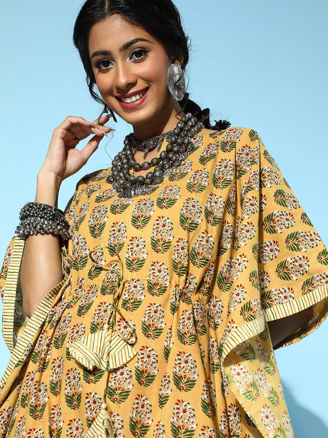 Mustard Printed Kaftan Kurta-Indiakreations-JS9538KFTMSS