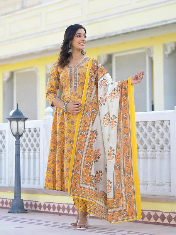 Mustard Yellow Floral Print Anarkali Kurta Trouser And Dupatta Set-Indiakreations-JS6875SKDMSS