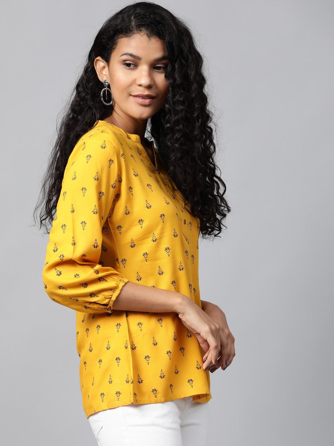 Mustard Yellow & Navy Blue Printed Tunic-Indiakreations-JS7551TOPMSXS