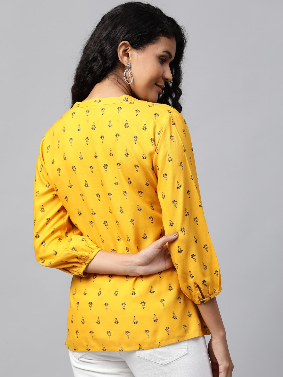 Mustard Yellow & Navy Blue Printed Tunic-Indiakreations-JS7551TOPMSXS