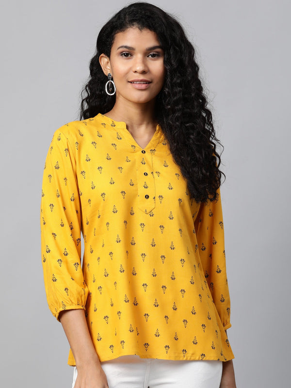 Mustard Yellow & Navy Blue Printed Tunic-Indiakreations-JS7551TOPMSXS