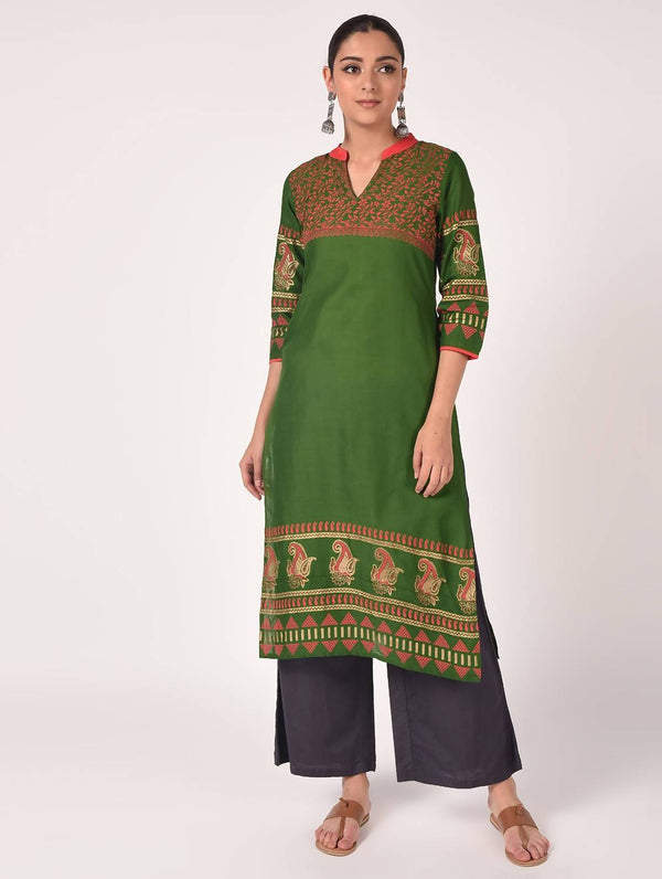 Women's Green Hand Block Print Straight Kurta Only - Cheera