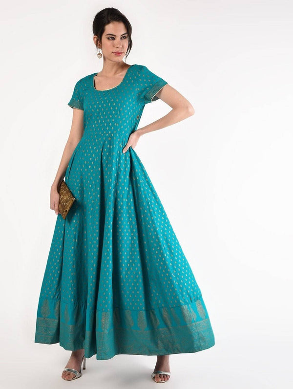 Women's Turquoise Cotton Hand Block Print Ghagra Style Anarkali Kurta Only - Cheera