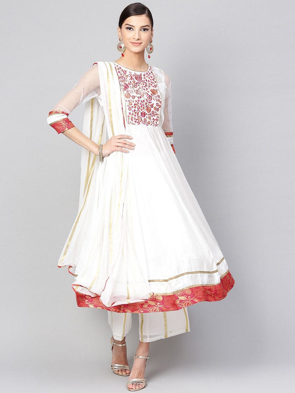 Women's Anarkali Embroidered Kurta With Palazzo And Dupatta - Pannkh