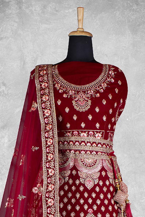 Maroon Velvet Semi Stitched Lehenga Choli with Dupatta