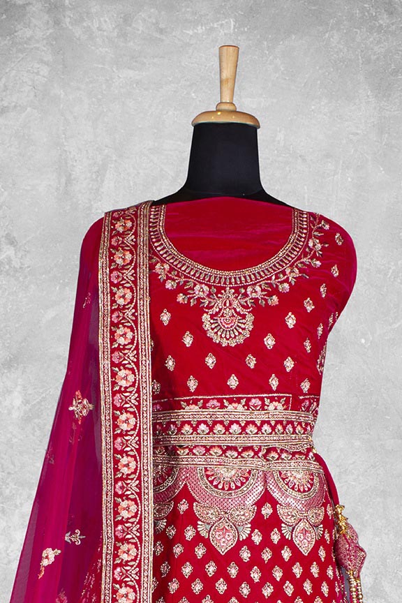 Red Velvet Embroidered Semi Stitched Lehenga Choli with Dupatta