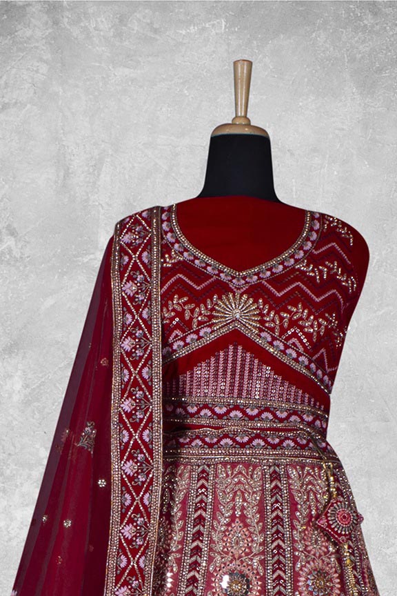 Maroon Velvet Embroidered Semi Stitched Lehenga Choli with Dupatta