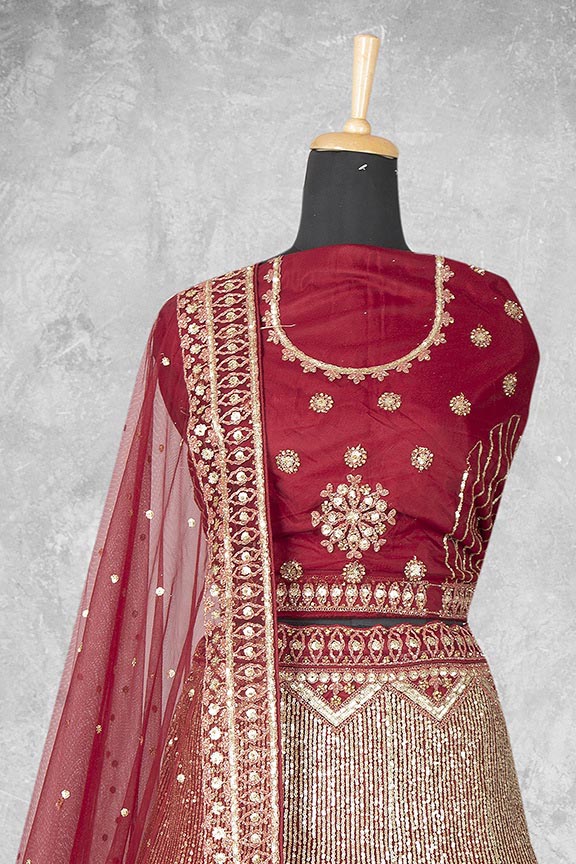 Red Net Embroidered Semi Stitched Lehenga Choli with Dupatta