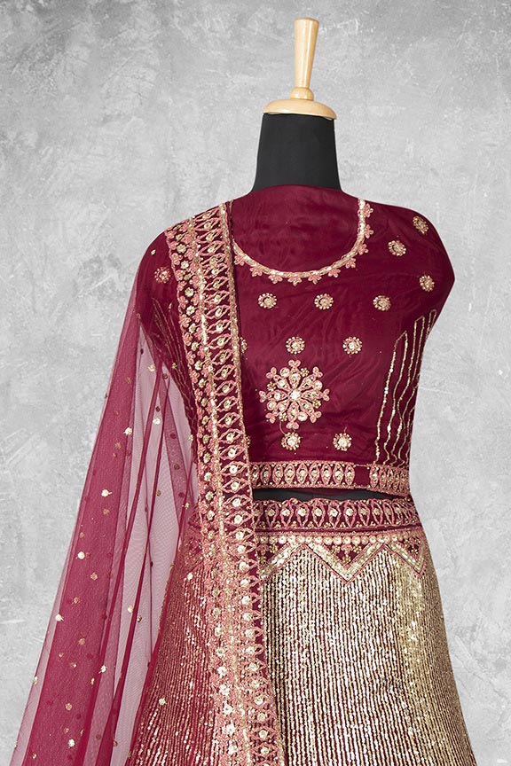 Maroon Net Embroidered Semi Stitched Lehenga Choli with Dupatta