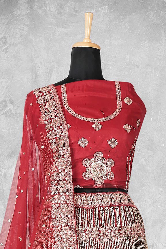 Red Net Embroidered Semi Stitched Lehenga Choli with Dupatta