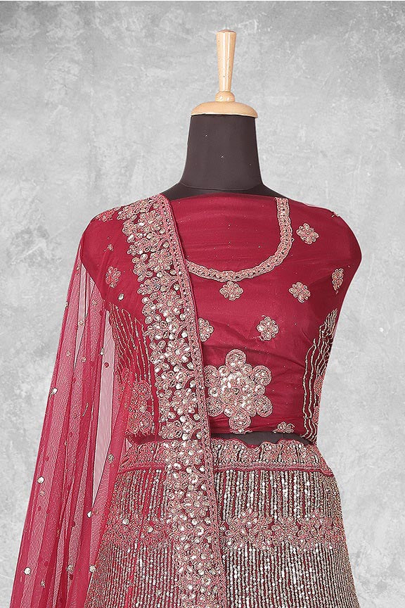 Maroon Net Embroidered Semi Stitched Lehenga Choli with Dupatta