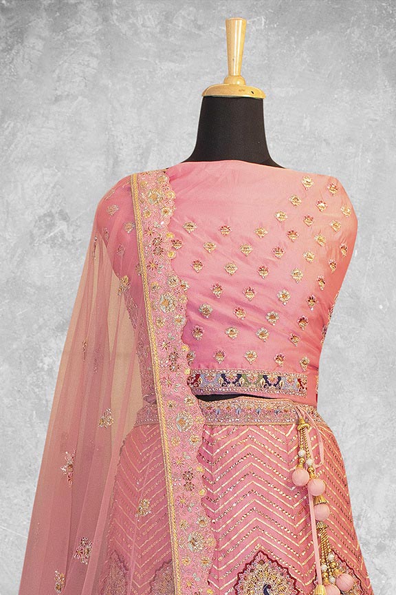 Peach Organza Silk Embroidered Semi Stitched Lehenga Choli with Dupatta