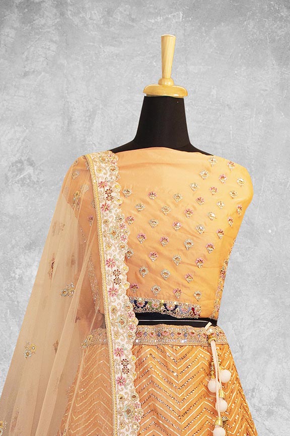 Mustard Organza Silk Embroidered Semi Stitched Lehenga Choli with Dupatta