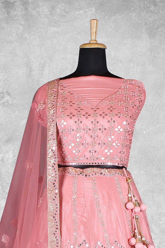 Peach Crepe Silk Embroidered Semi Stitched Lehenga Choli with Dupatta