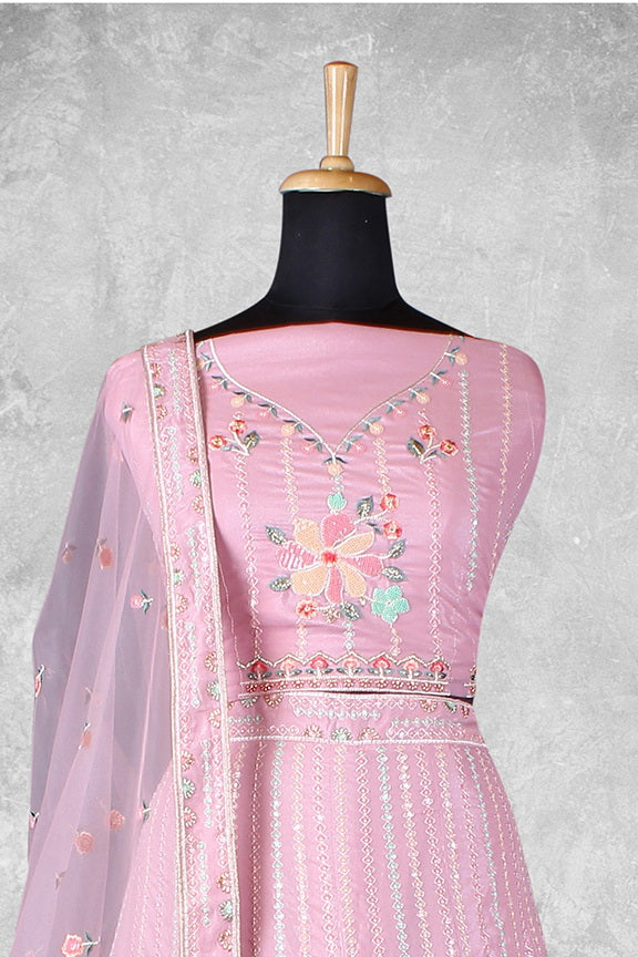 Pink Crepe Silk Embroidered Semi Stitched Lehenga Choli with Dupatta