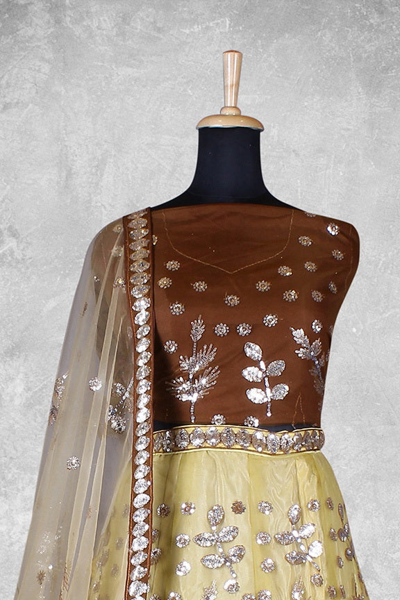 Mustard Net Embroidered Semi Stitched Lehenga Choli with Dupatta