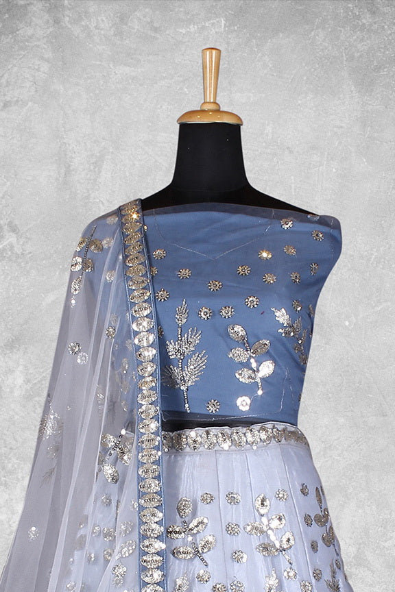 Blue Net Embroidered Semi Stitched Lehenga Choli with Dupatta