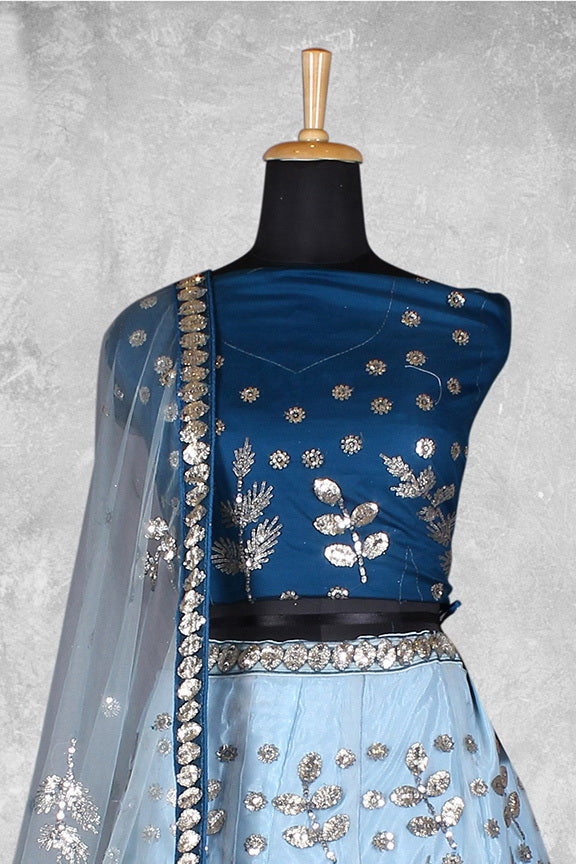 Teal Net Embroidered Semi Stitched Lehenga Choli with Dupatta