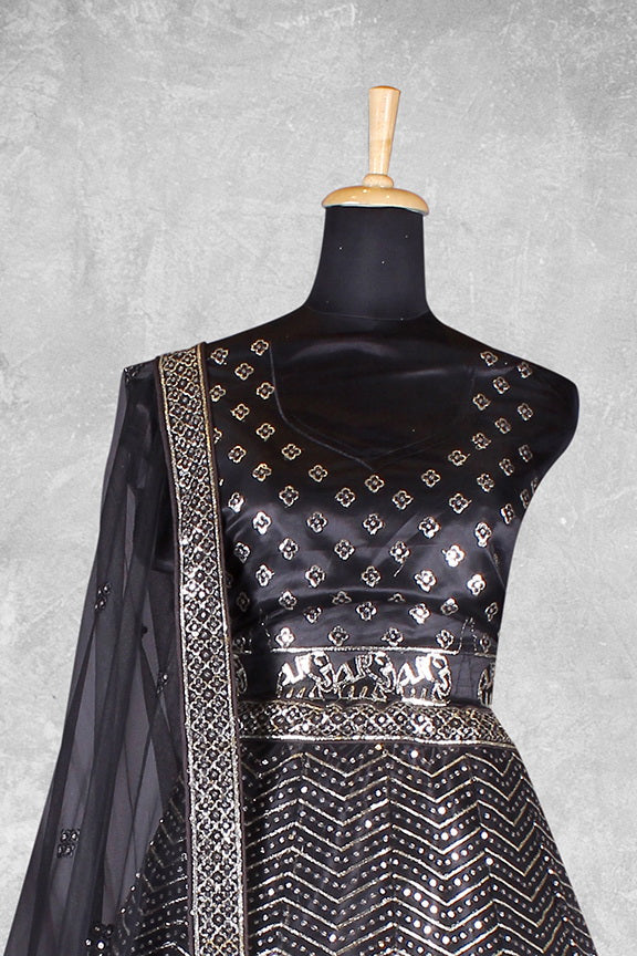 Black Net Embroidered Semi Stitched Lehenga Choli with Dupatta