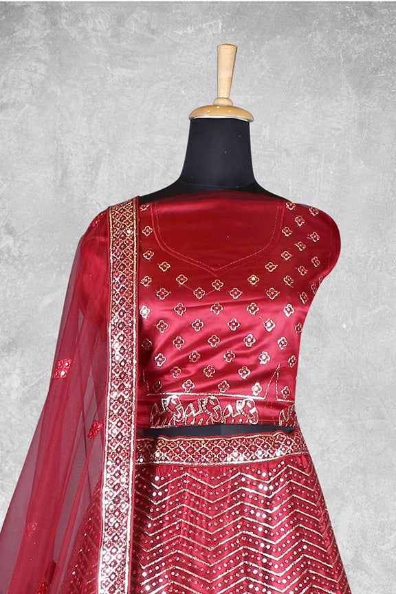 Red Net Embroidered Semi Stitched Lehenga Choli with Dupatta