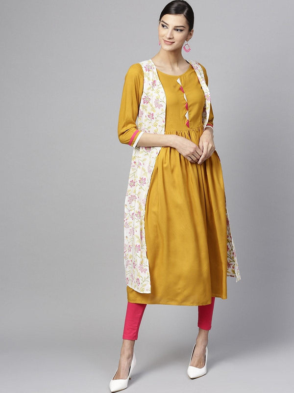 Women's A Line Khadi Printed Kurta With Jacket - Pannkh