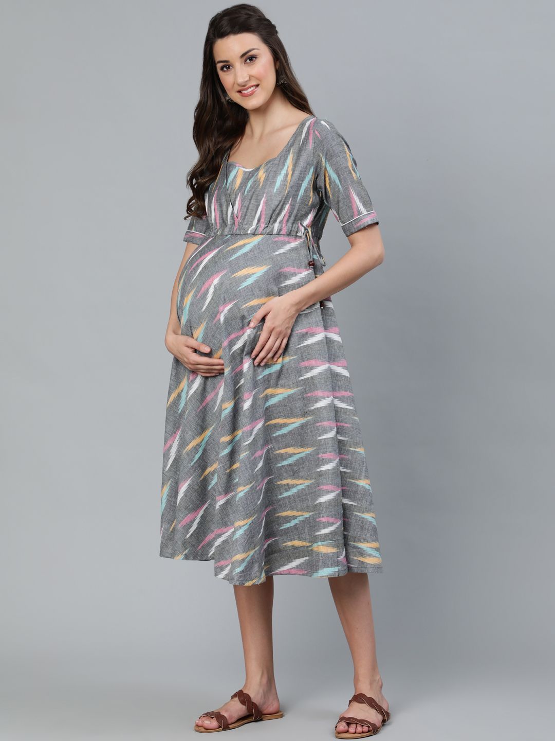 Women's Grey Ikat Woven Design Maternity Dress 1- AKS