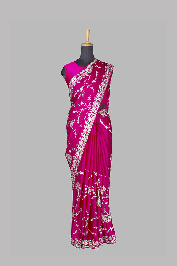 Pink Satin Silk Hand work Saree with Unstitched Blouse